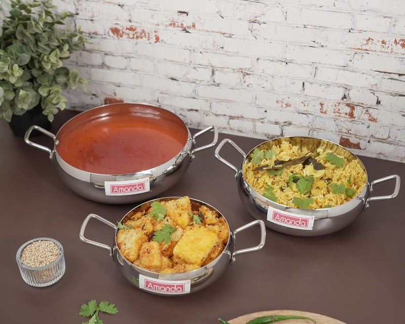 Amanda Amanda Premium Stainless Steel Handi Set with Lids (550ML, 950ML, 1550ML) & 4-Piece Serving Spoon Set | Durable, Rust-Resistant, Riveted Handles | Ideal for Cooking & Serving - Image 4