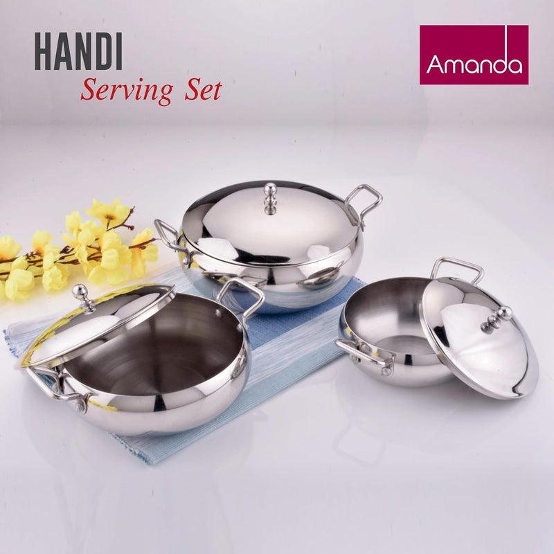 Amanda Amanda Premium Stainless Steel Handi Set with Lids (550ML, 950ML, 1550ML) & 4-Piece Serving Spoon Set | Durable, Rust-Resistant, Riveted Handles | Ideal for Cooking & Serving - Image 5