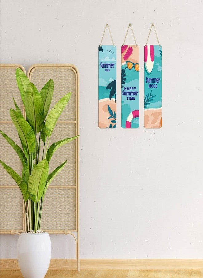 CVANU Wooden Wall Art Hanging Happy Summer Time Printed on Hanger for Mdf Wall Decorative Item (12inch x 10.5inch) Set of 3 - Image 1