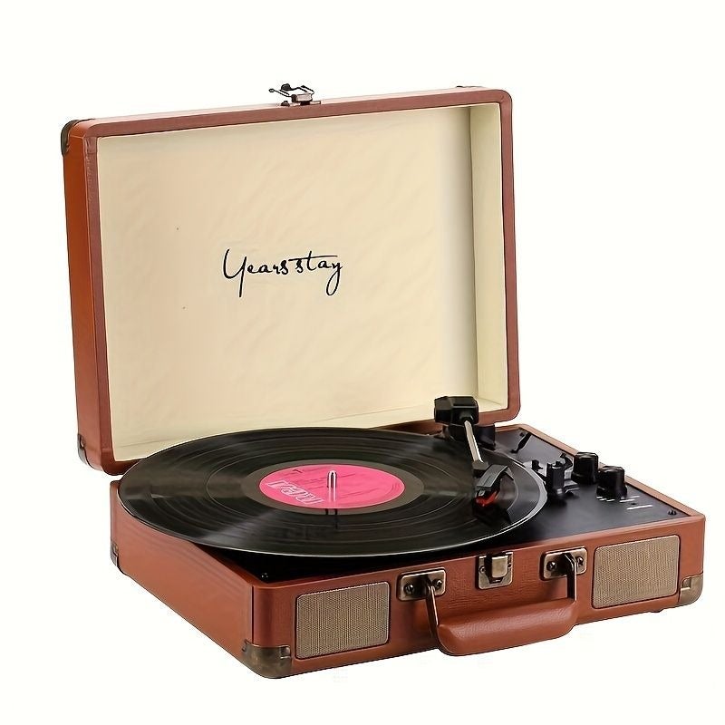 Years stay This Portable Retro Vinyl Record Player Combines a High-quality Phonograph with Bluetooth Functionality. Featuring Bluetooth Connectivity, Vinyl and Cellophane Disc Playback, Headphone Compatibility, and AUX Input Support, It's the Perfect Gift - Image 3