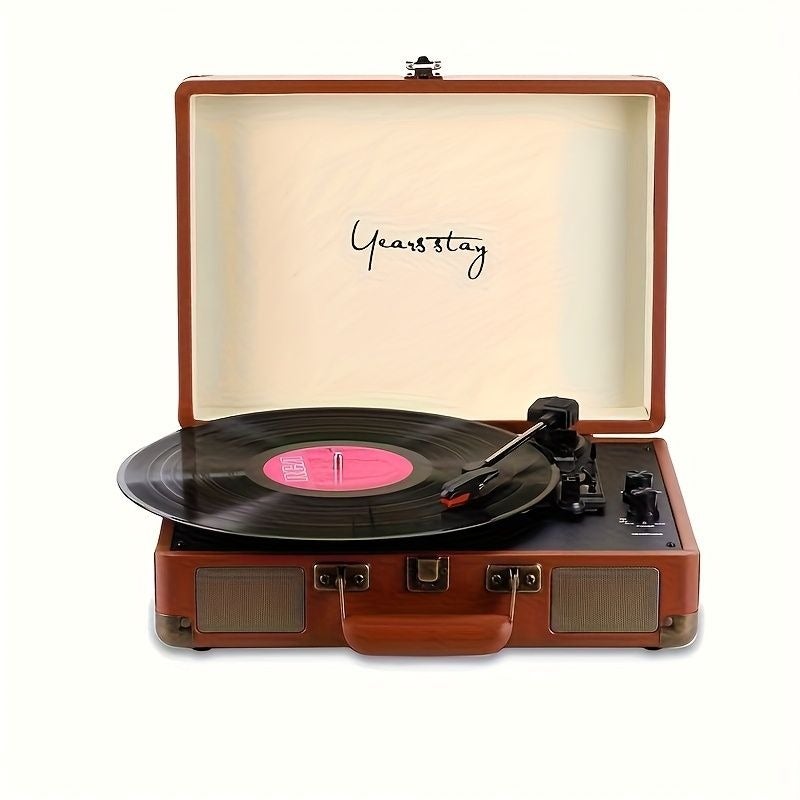 Years stay This Portable Retro Vinyl Record Player Combines a High-quality Phonograph with Bluetooth Functionality. Featuring Bluetooth Connectivity, Vinyl and Cellophane Disc Playback, Headphone Compatibility, and AUX Input Support, It's the Perfect Gift - Image 2