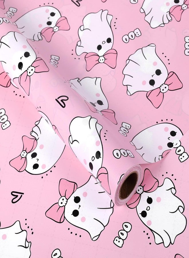 Fabllewavi 1 Roll Pink Ghost Boo Wrapping Paper - Mini Roll - 17in x 32.8Ft Cute Girly Ghost & Boo Pattern Gift Wrap Paper for Girly Halloween Baby Shower DIY Crafts Trick & Treat Party Supplies - Image 1