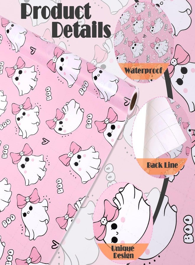 Fabllewavi 1 Roll Pink Ghost Boo Wrapping Paper - Mini Roll - 17in x 32.8Ft Cute Girly Ghost & Boo Pattern Gift Wrap Paper for Girly Halloween Baby Shower DIY Crafts Trick & Treat Party Supplies - Image 2