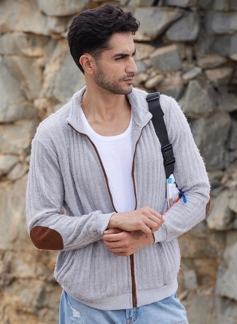 Campus Sutra Men's Light Grey Self-Design Striped Knitted Jacket