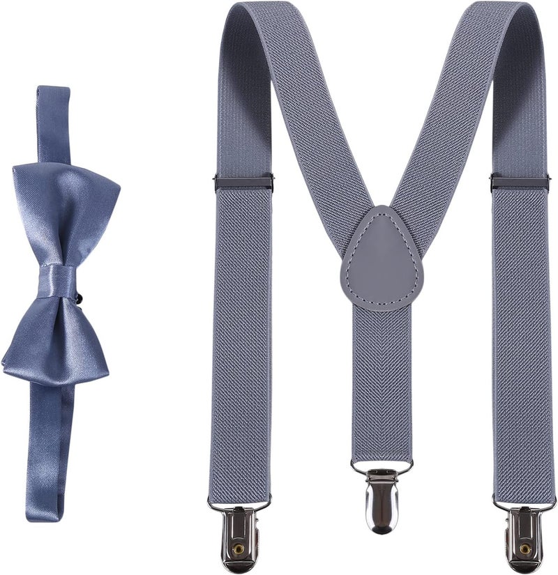 cheekyglo Tie Suspenders Set for Kids Elastic Adjustable Suspenders with Bow Ties Classic Braces Bowtie Set Gifts Trouser Hanging Clip for Wedding, Show, Stage,Light Grey - Image 1