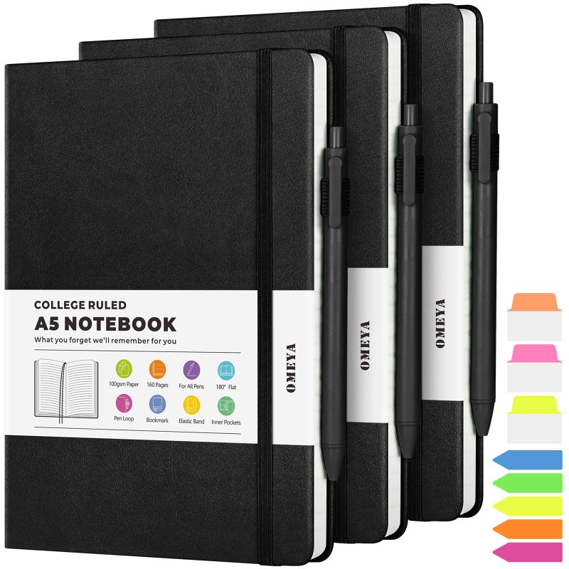 OMEYA Lined Journal Notebook, 3 Pack A5 College Ruled Notebooks for Work, Hardcover Notebook Each with 2 Pockets & Pen, Leather Journal for Women, Men, 160 Pages, 100GSM Thick Paper (Black) - Image 1