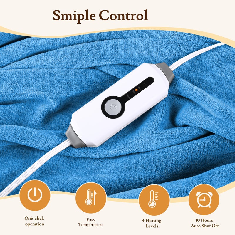 BRILLIO Electric Heated Blanket 62"x84" Twin Size Flannel Fleece - 4 Heat Settings & 10H Auto Shut Off for Safe Overnight Use, Fast Heating, Machine Washable for Bed, Couch, Office - Lake Blue - Image 4
