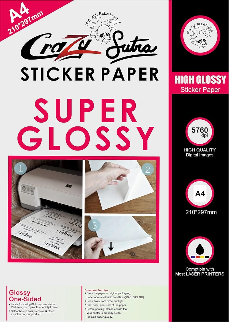 Crazy Sutra A4 Self-Adhesive Sticker Paper - 20 Glossy Sheets for Laser & Inkjet Printers, Perfect for Printing Labels, Stickers, and DIY Crafts and various printing and crafting needs - Image 1