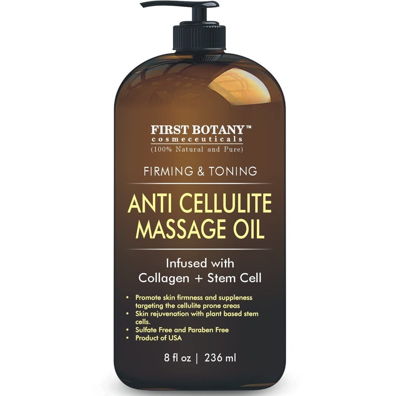 First Botany, Anti-Cellulite Massage Oil Infused with Collagen & Stem Cells - Natural Cellulite & Stretch Mark Treatment for Men & Women - 8 oz - Image 1