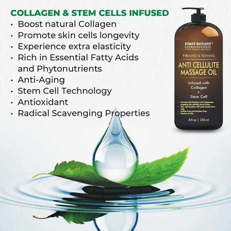 First Botany, Anti-Cellulite Massage Oil Infused with Collagen & Stem Cells - Natural Cellulite & Stretch Mark Treatment for Men & Women - 8 oz - Image 2