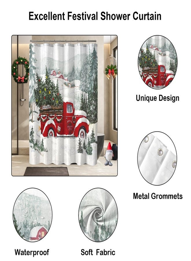 YOSTEV Christmas Shower Curtain Red Truck Christmas Tree Shower Curtains for Bathroom Winter Vintage Rustic Retro Farmhouse Bathroom Curtain Xmas Pine Fabric Cloth Bath Curtain 72 x 72 Inch - Image 3