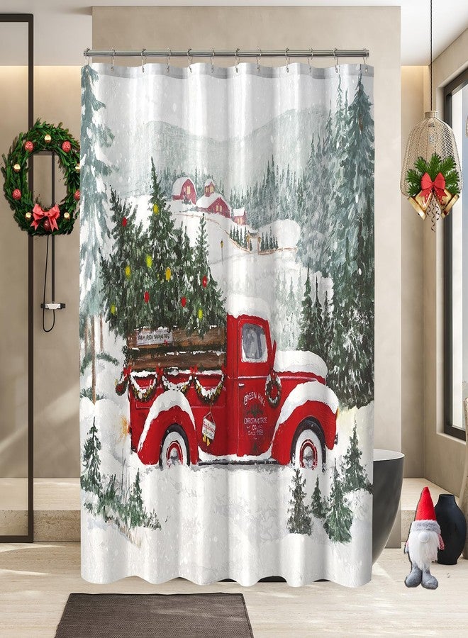 YOSTEV Christmas Shower Curtain Red Truck Christmas Tree Shower Curtains for Bathroom Winter Vintage Rustic Retro Farmhouse Bathroom Curtain Xmas Pine Fabric Cloth Bath Curtain 72 x 72 Inch - Image 2