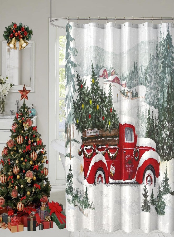 YOSTEV Christmas Shower Curtain Red Truck Christmas Tree Shower Curtains for Bathroom Winter Vintage Rustic Retro Farmhouse Bathroom Curtain Xmas Pine Fabric Cloth Bath Curtain 72 x 72 Inch - Image 1