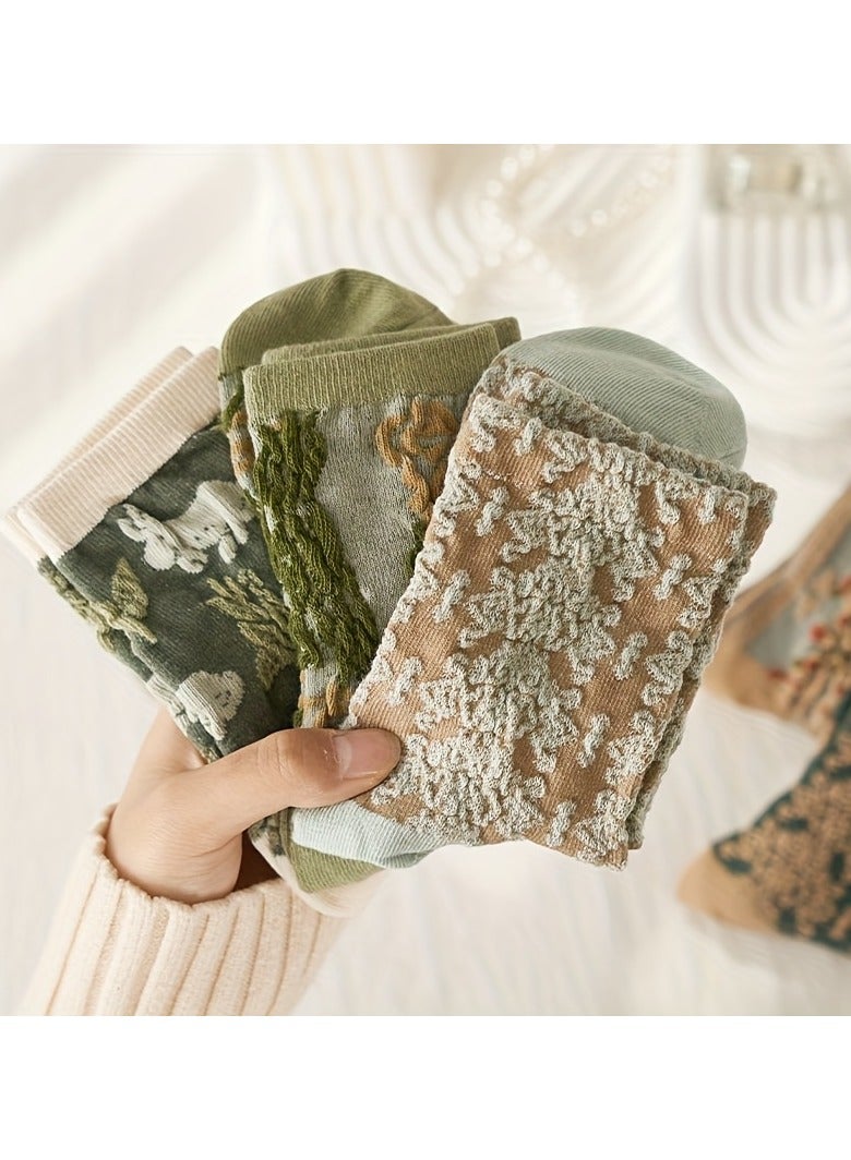 5 Pairs of Women'S Mid-Calf Socks with a Vintage 3D Embossed Design, Cute Forest Style, Artistic - Image 2