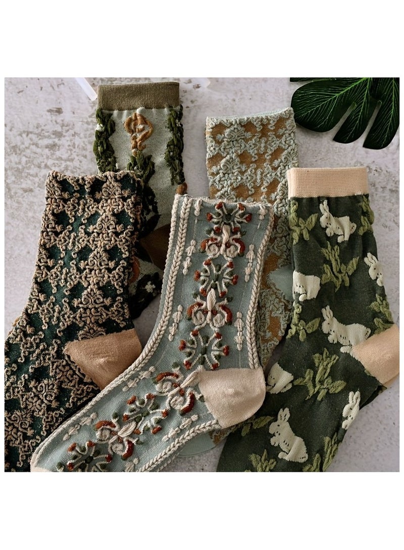 5 Pairs of Women'S Mid-Calf Socks with a Vintage 3D Embossed Design, Cute Forest Style, Artistic - Image 1