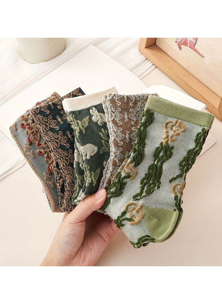5 Pairs of Women'S Mid-Calf Socks with a Vintage 3D Embossed Design, Cute Forest Style, Artistic - Image 4