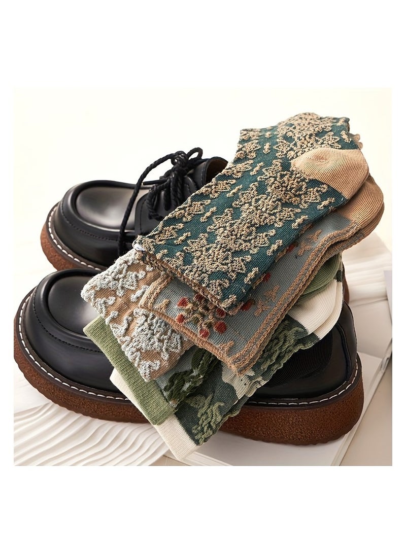 5 Pairs of Women'S Mid-Calf Socks with a Vintage 3D Embossed Design, Cute Forest Style, Artistic - Image 3