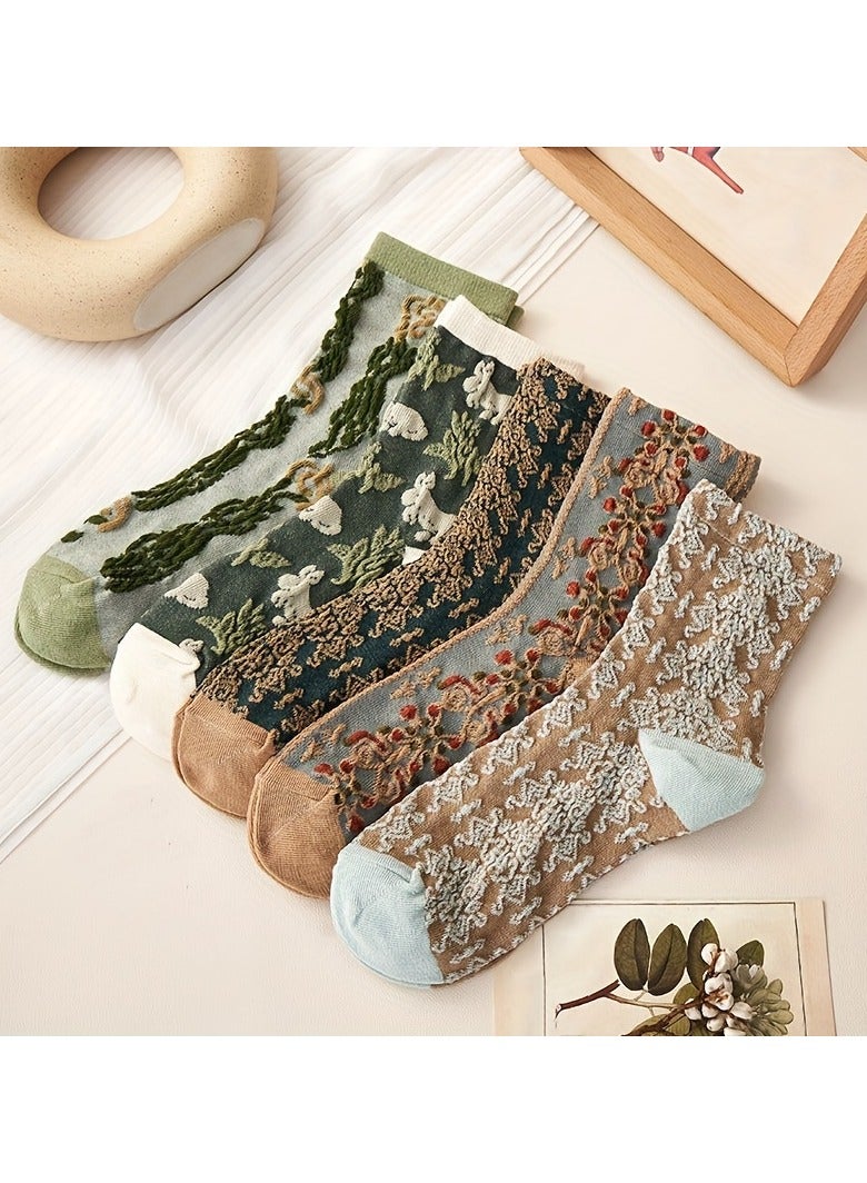 5 Pairs of Women'S Mid-Calf Socks with a Vintage 3D Embossed Design, Cute Forest Style, Artistic - Image 5