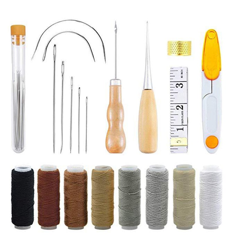 Leather Sewing Tools: Assorted Sizes Shapes Needles 5 Colored Waxed Thread - Thimble Included Diy Craft Kit for Beginner Proficient Hand Stitching Lovers Leather Canvas Projects - Image 1