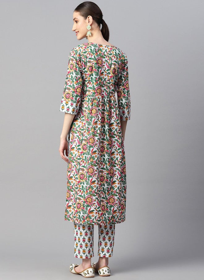 Indibelle Women Floral Printed Keyhole Neck Mirror Work Kurta - Image 4