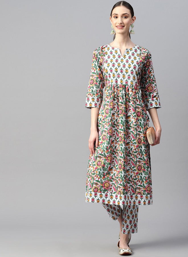 Indibelle Women Floral Printed Keyhole Neck Mirror Work Kurta - Image 5