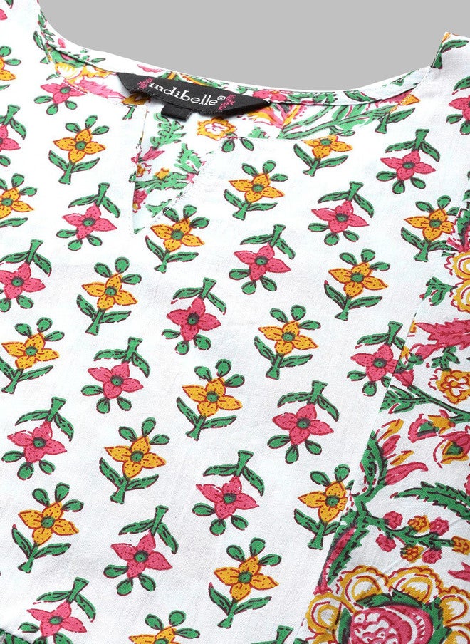 Indibelle Women Floral Printed Keyhole Neck Mirror Work Kurta - Image 2