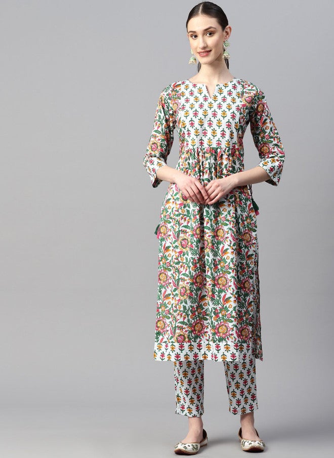 Indibelle Women Floral Printed Keyhole Neck Mirror Work Kurta - Image 1