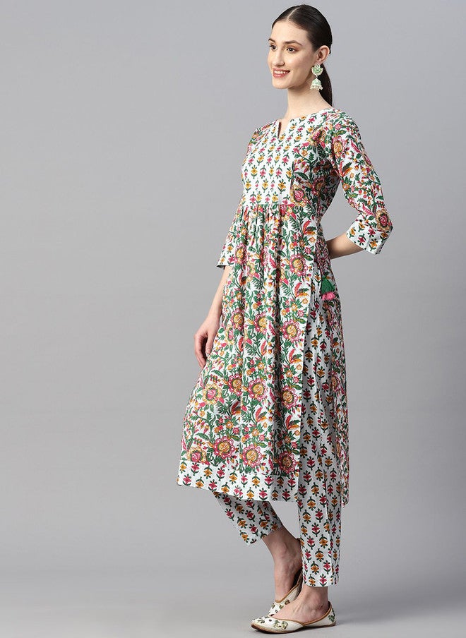 Indibelle Women Floral Printed Keyhole Neck Mirror Work Kurta - Image 3