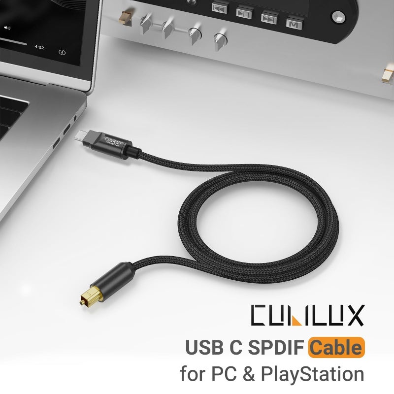Cubilux USB C to TOSLINK Optical Audio Cable, Unidirectional Type C to SPDIF Digital Aux Cord, S/PDIF Transmitter for Computer/Laptop/PC MacBook(5.1 Surround Sound) and PS5(Stereo), 6.6 FT - Image 2