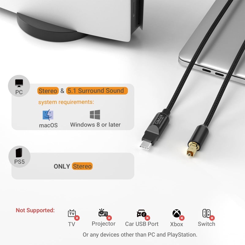 Cubilux USB C to TOSLINK Optical Audio Cable, Unidirectional Type C to SPDIF Digital Aux Cord, S/PDIF Transmitter for Computer/Laptop/PC MacBook(5.1 Surround Sound) and PS5(Stereo), 6.6 FT - Image 4
