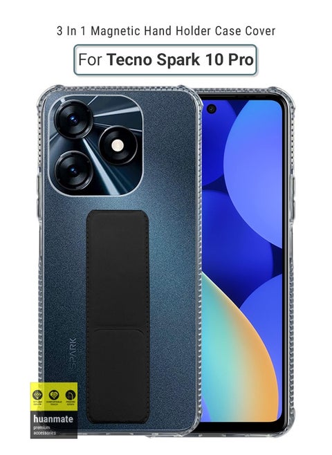 Premium Case Cover With Magnetic Hand Grip Holder And Kickstand For Tecno Spark 10 Pro Clear/Black