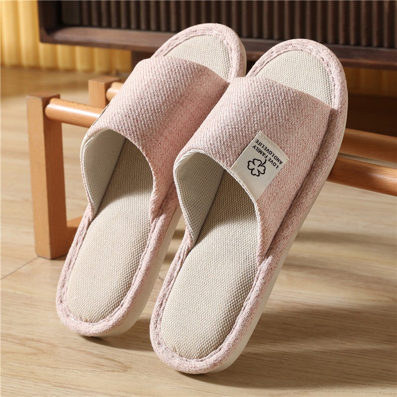 Indoor four-leaf clover linen slippers summer wholesale spring and autumn men and women non-slip home cotton slippers Four Seasons cotton and linen slippers Pink