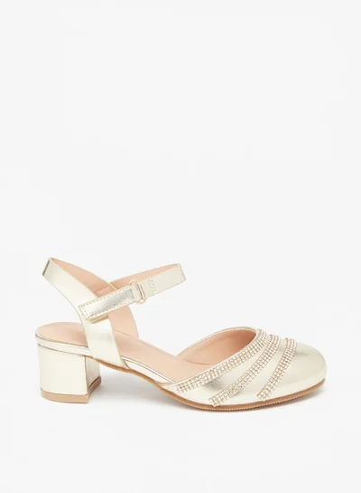 Flora Bella By Shoexpress Girl's Stone Embellished Block Heel Shoe With Hook And Loop Closure Ramadan Collection