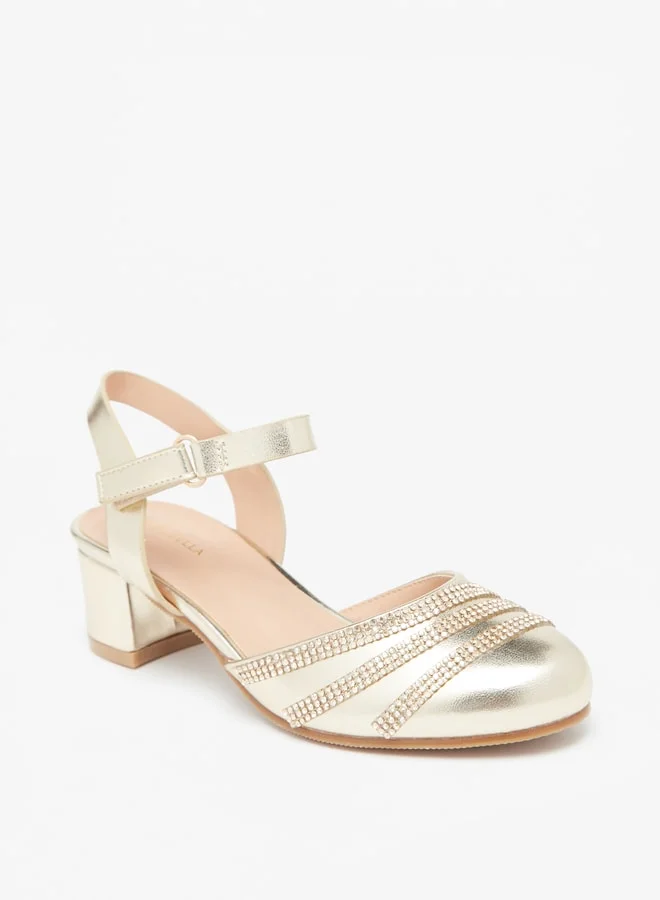 Flora Bella By Shoexpress Girl's Stone Embellished Block Heel Shoe With Hook And Loop Closure Ramadan Collection