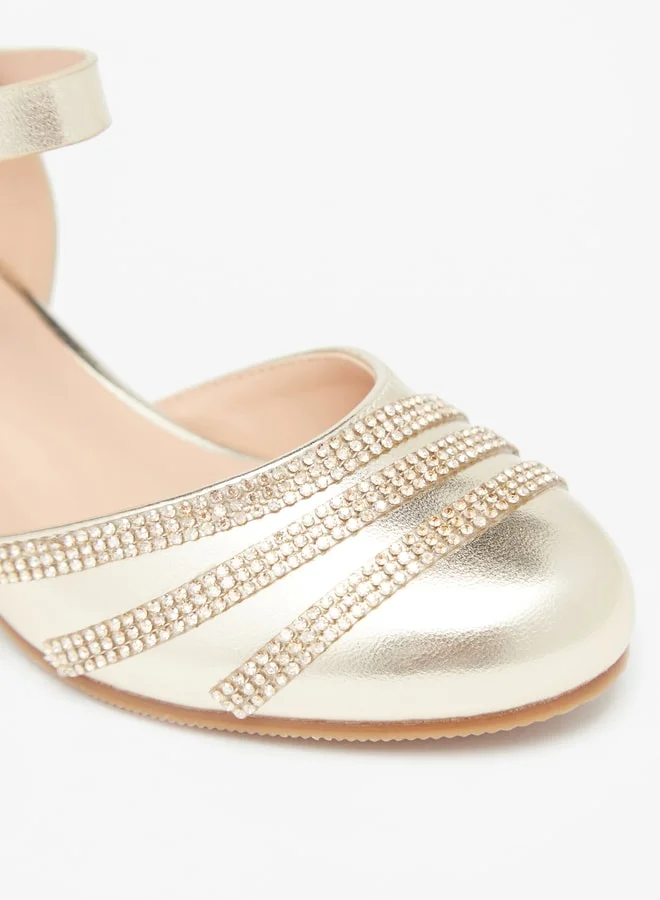 Flora Bella By Shoexpress Girl's Stone Embellished Block Heel Shoe With Hook And Loop Closure Ramadan Collection