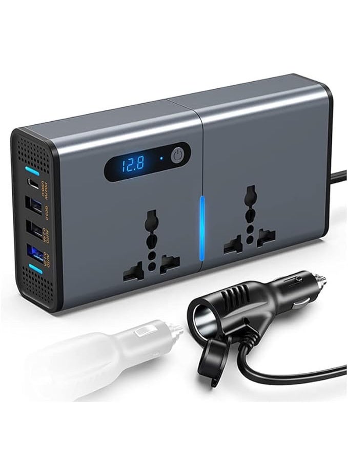 HAMMINER 200W Power Inverter, DC 12/24V to 220V AC Converter, 3 USB 1 Type-C Ports, Switch and Current LED Screen (Sliver Grey) - Image 1