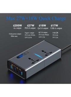 هامينر محول طاقة 200 واط، محول تيار مستمر 12/24 فولت إلى تيار متردد 220 فولت، 3 منافذ USB 1 Type-C، مفتاح وشاشة LED للتيار (رمادي فضي)  - Image 2