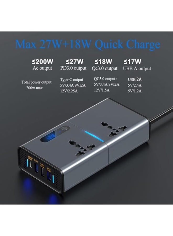 HAMMINER 200W Power Inverter, DC 12/24V to 220V AC Converter, 3 USB 1 Type-C Ports, Switch and Current LED Screen (Sliver Grey) - Image 2