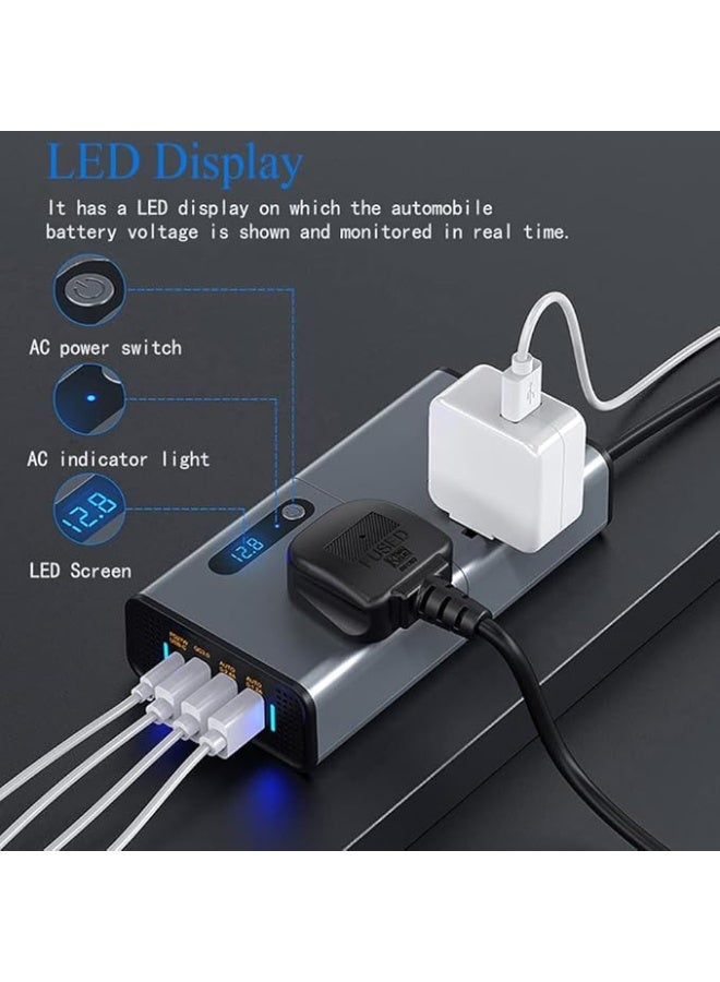HAMMINER 200W Power Inverter, DC 12/24V to 220V AC Converter, 3 USB 1 Type-C Ports, Switch and Current LED Screen (Sliver Grey) - Image 4