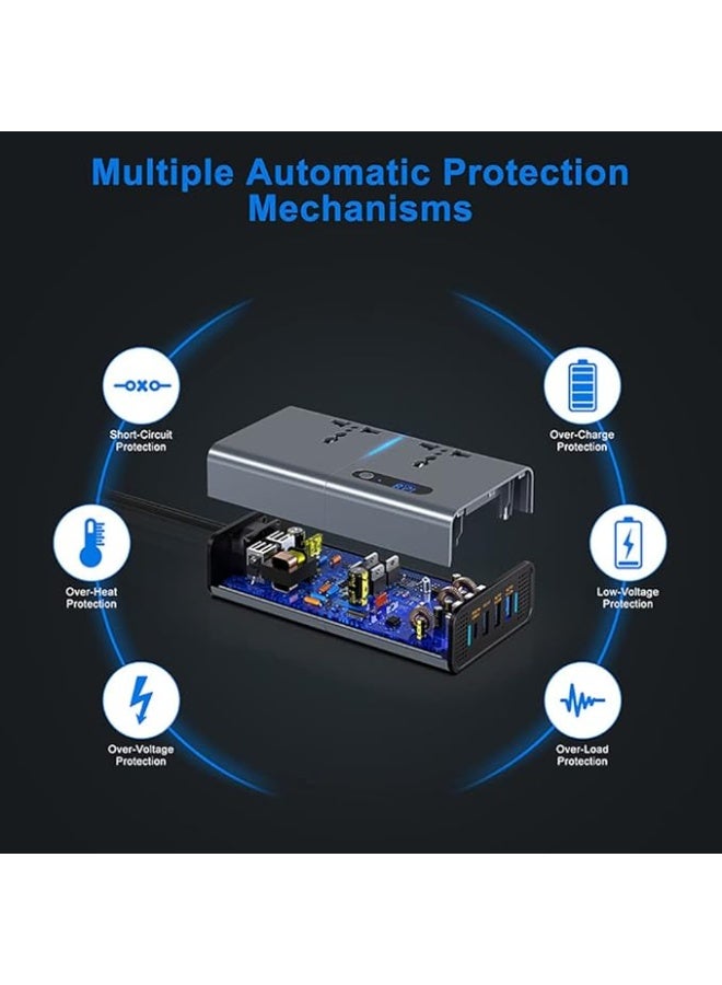 HAMMINER 200W Power Inverter, DC 12/24V to 220V AC Converter, 3 USB 1 Type-C Ports, Switch and Current LED Screen (Sliver Grey) - Image 5