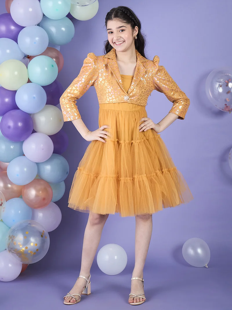 Cherry & Jerry Girl Fit and Flare Yellow Golden Foil Neoprine & Mesh Knee Length Dress