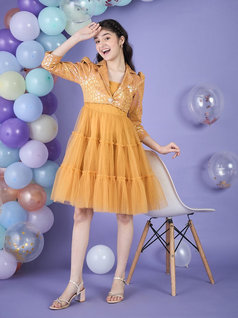 Cherry & Jerry Girl Fit and Flare Yellow Golden Foil Neoprine & Mesh Knee Length Dress - Image 5