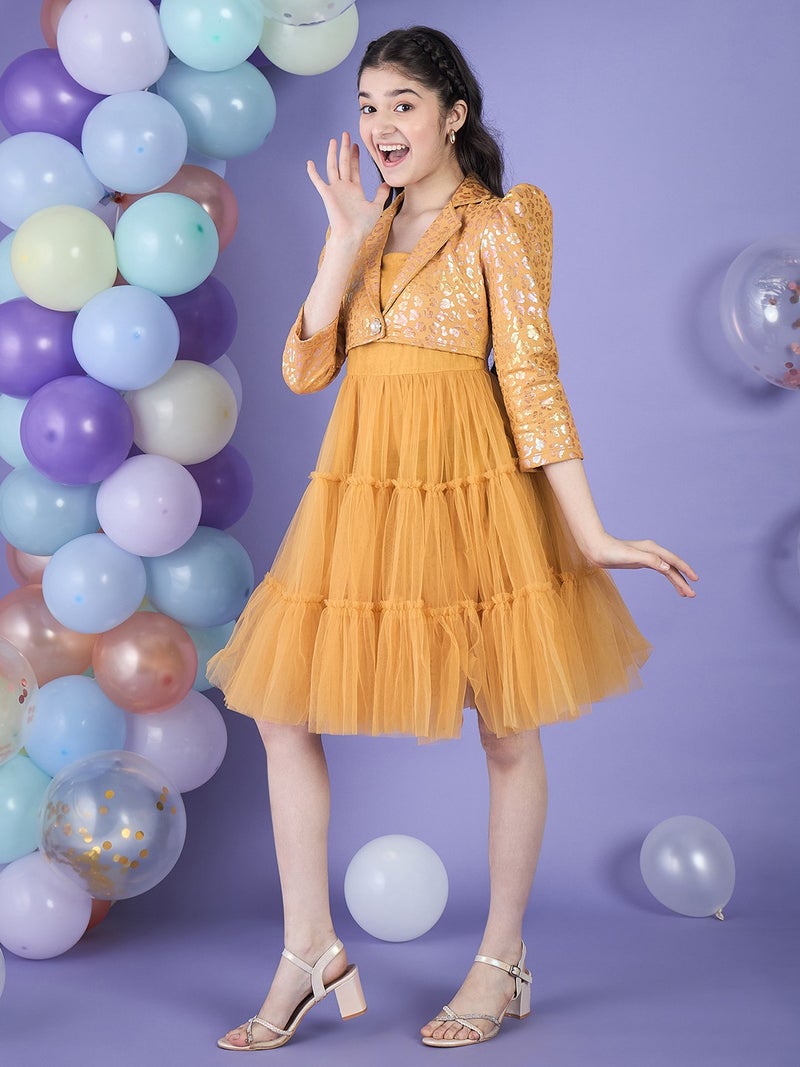 Cherry & Jerry Girl Fit and Flare Yellow Golden Foil Neoprine & Mesh Knee Length Dress - Image 2