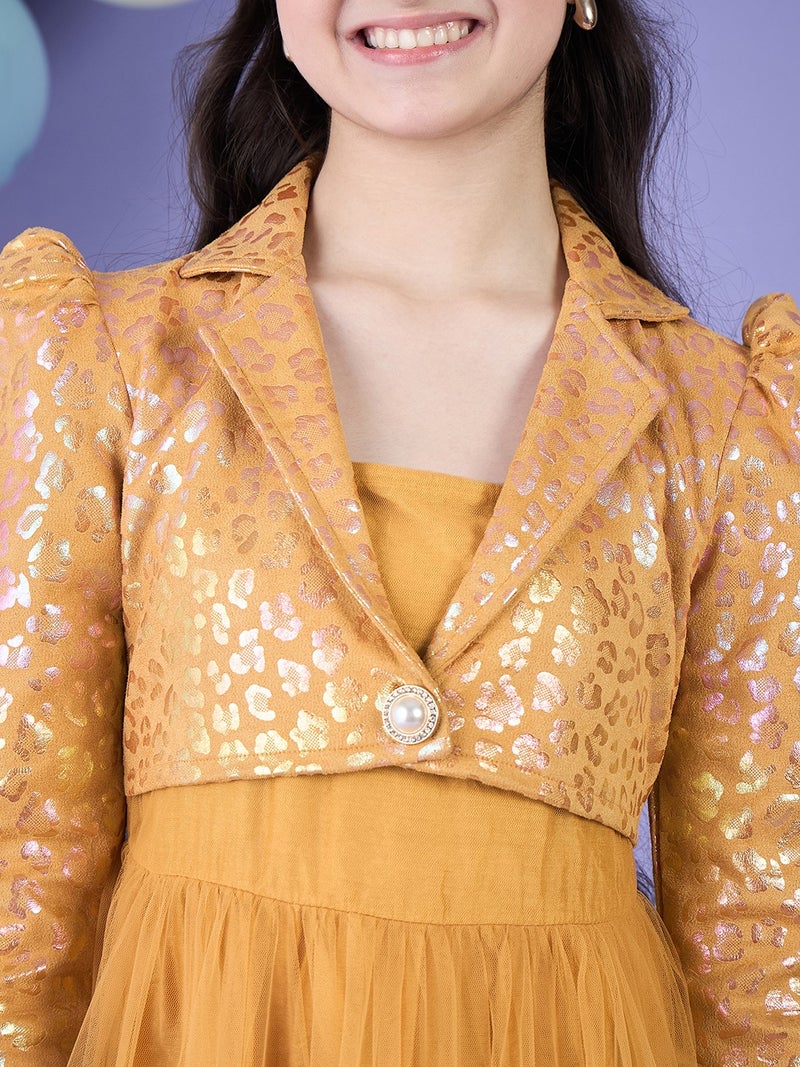 Cherry & Jerry Girl Fit and Flare Yellow Golden Foil Neoprine & Mesh Knee Length Dress - Image 4