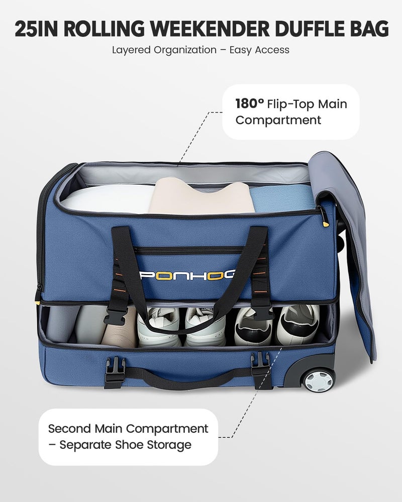 Ponhog 25 Inch Duffle Bag with Wheels for Men - Water Resistant Wheeled Duffle Bag for Weekend Travel & Overnight Trips, Blue - Image 2
