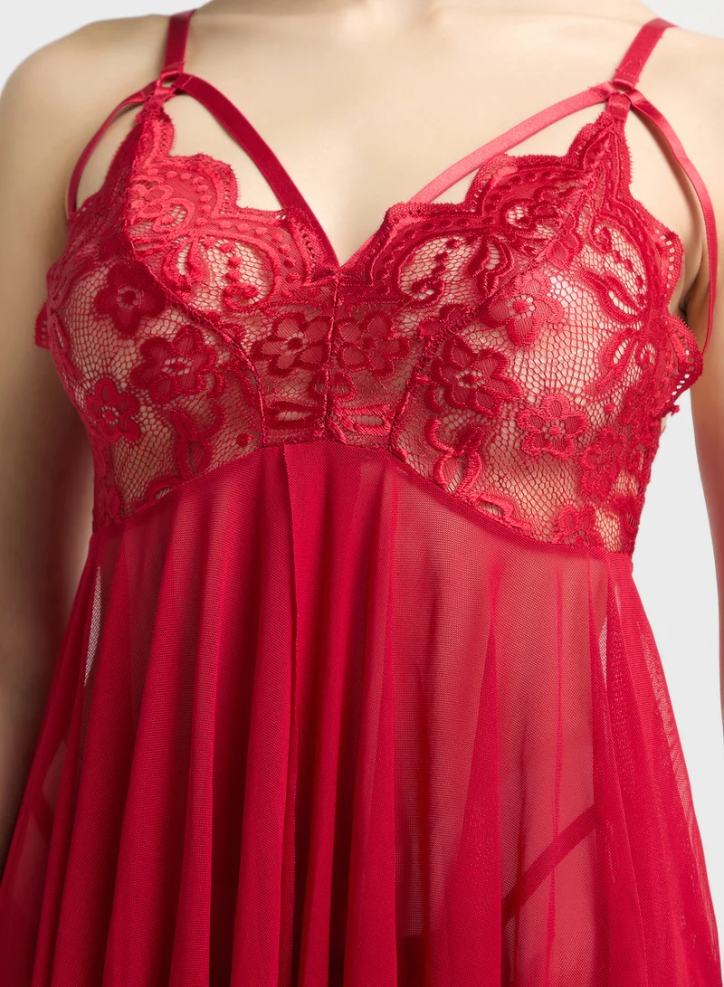 ELLA Lace Detail Baby Doll Set With Brief
