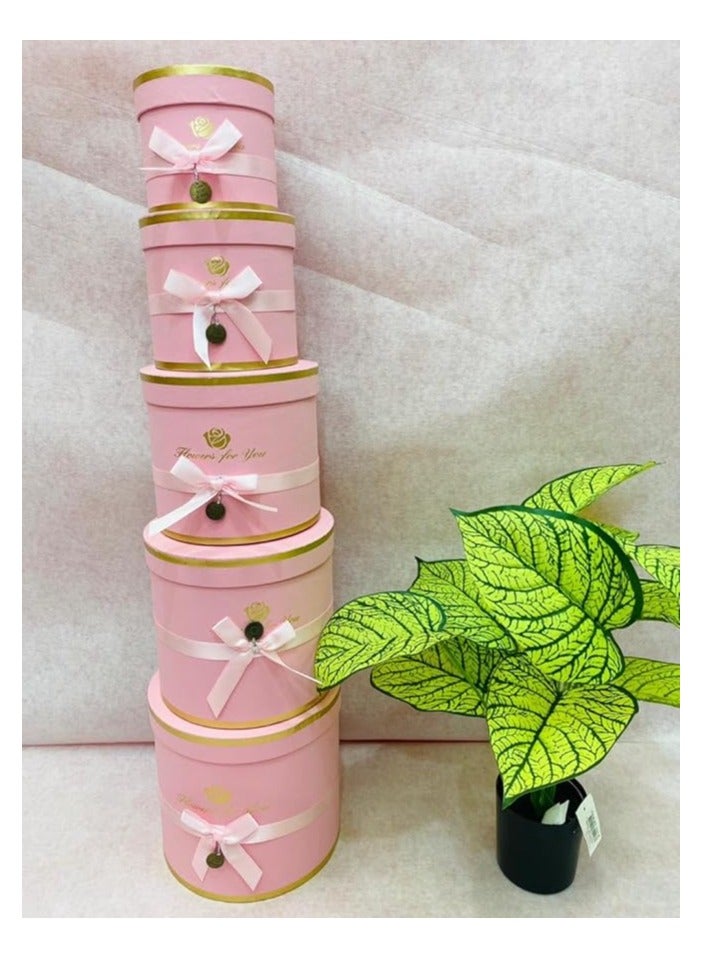 علب هدايا مستديرة مع فيونك، طقم من 5 قطع، وردي لتغليف الهدايا - Image 2