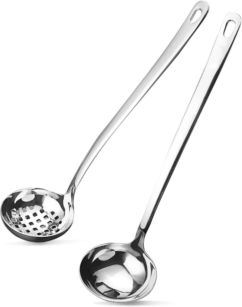 SYOSI Metal Soup Ladle Set of 2, 18/8 Stainless Steel Ladle Spoon and Strainer Scoop with Holes, Cooking Utensils for Kitchen Use - Image 1