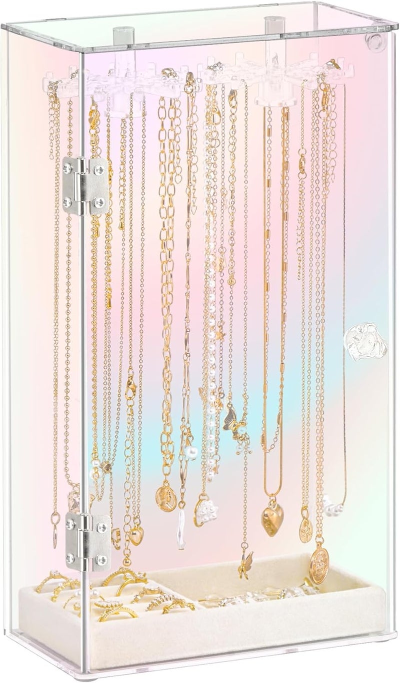Cirhy Iridescent Acrylic Necklace Holder, Necklace Organizer with 24 Rotatable Hooks, Rainbow Jewelry Organizer Display Box with Velvet Tray for Long Necklaces Pendant Bracelets Rings Earrings - Image 1