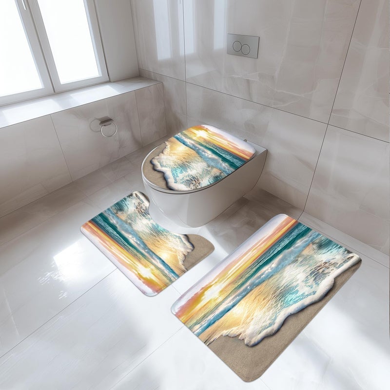 Riyidecor 4 PCS Beach Shower Curtain Sets 72Wx72H Inch, Toilet Lid Cover, U-Shaped Mat and Non-Slip Bathroom Rug, Summer Ocean Sea Sunset Bathroom Sets, Coastal Shower Accessories for Bathroom Decor - Image 2